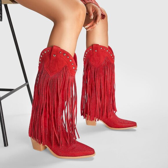 Red Rhinestone Cowgirl Boots Women Sparkly Western Mid Calf Chunky Heel Shoes - Picture 3 of 7